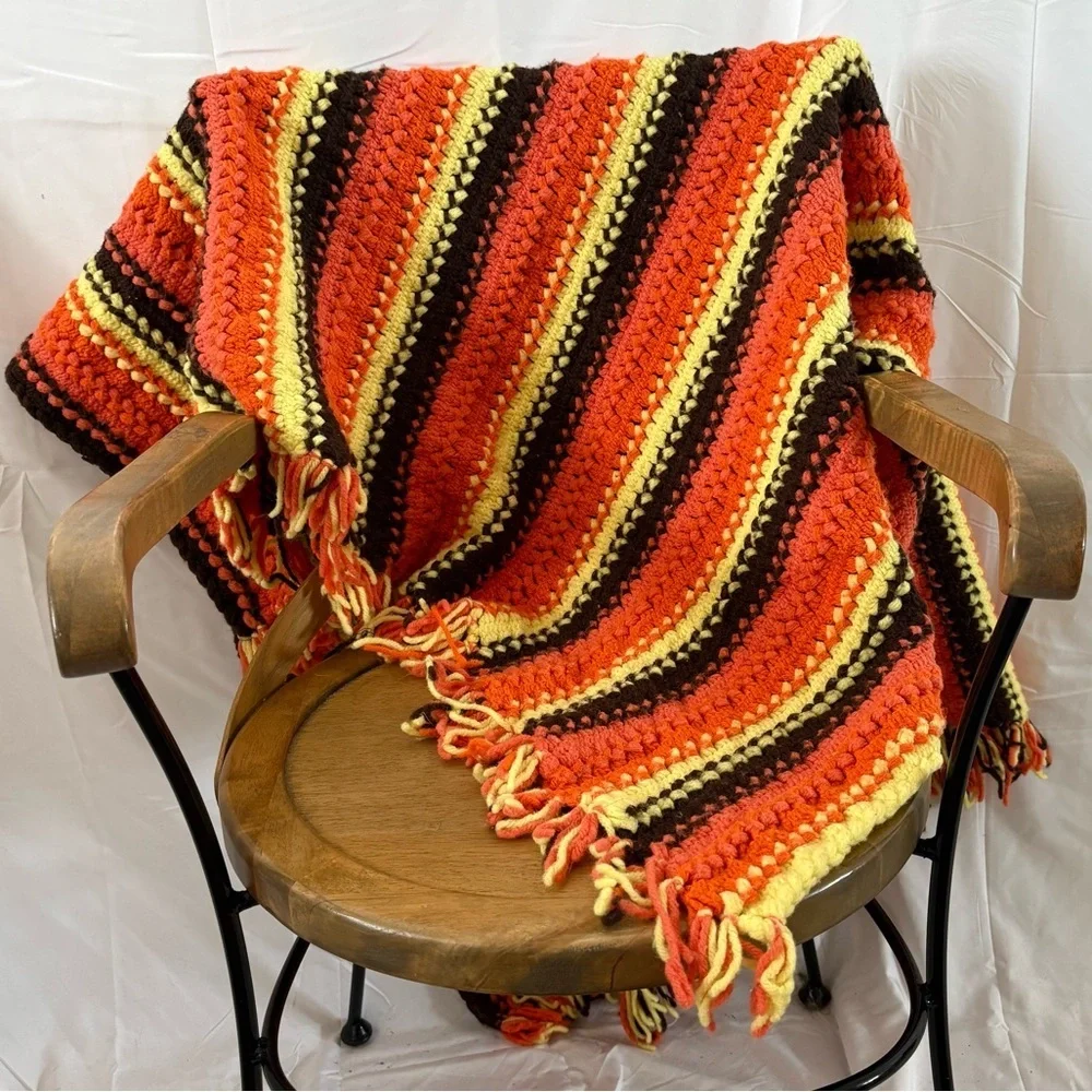 Vintage 70s crochet knit throw blanket handmade orange brown yellow indie